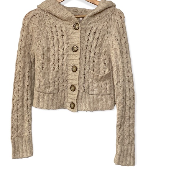 Free People Chunky Cable Knit Hooded Cropped Cardigan